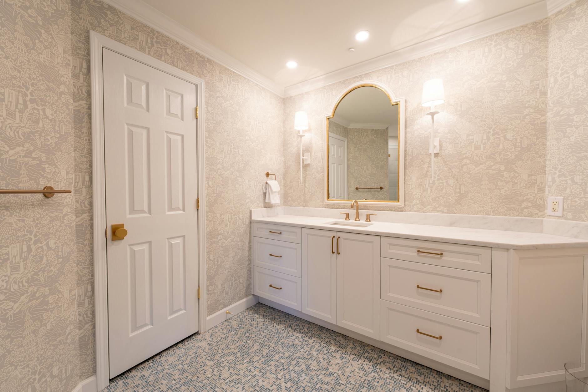luxurious bathroom color palette with gold accents