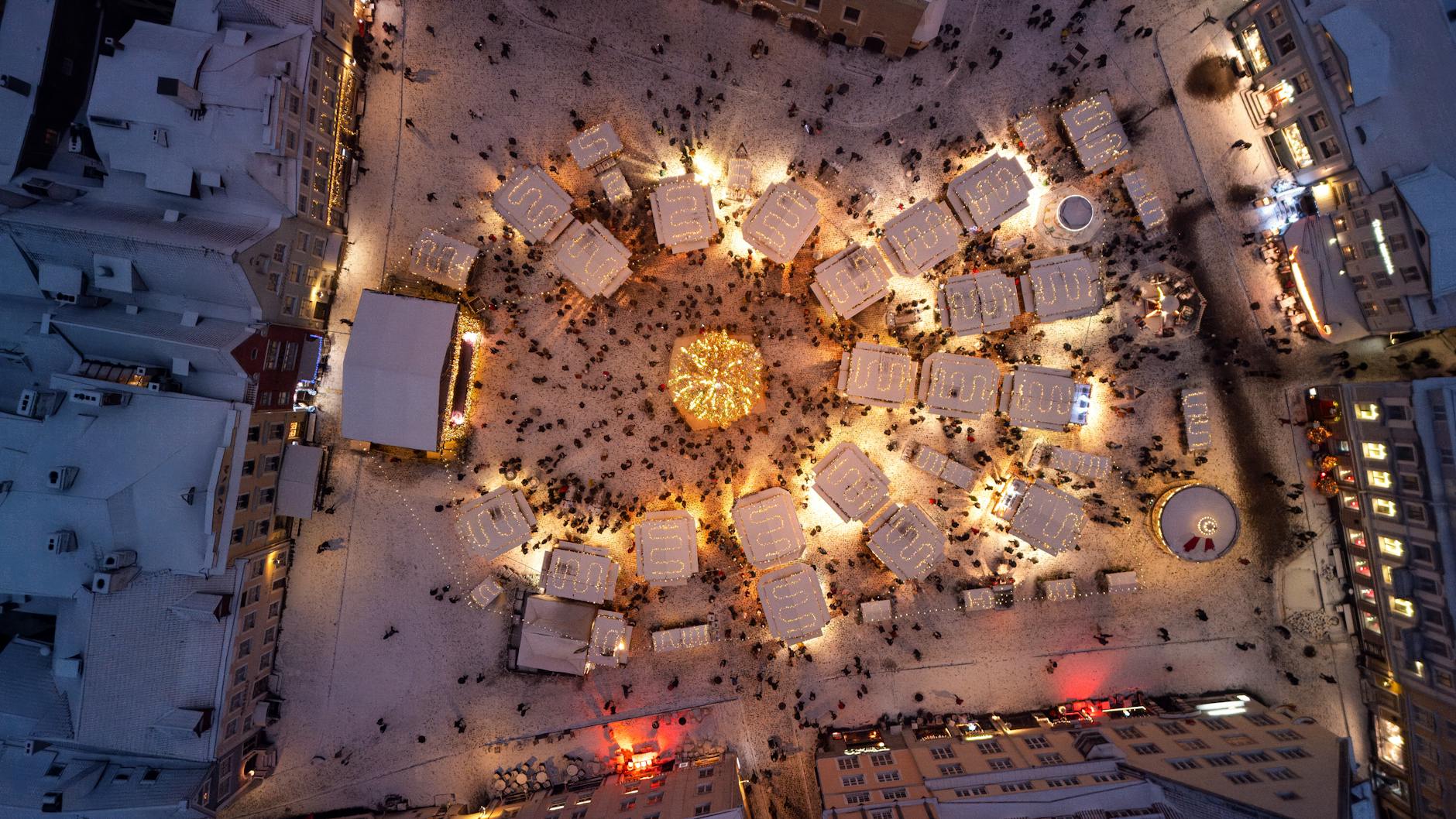 snowy town market square