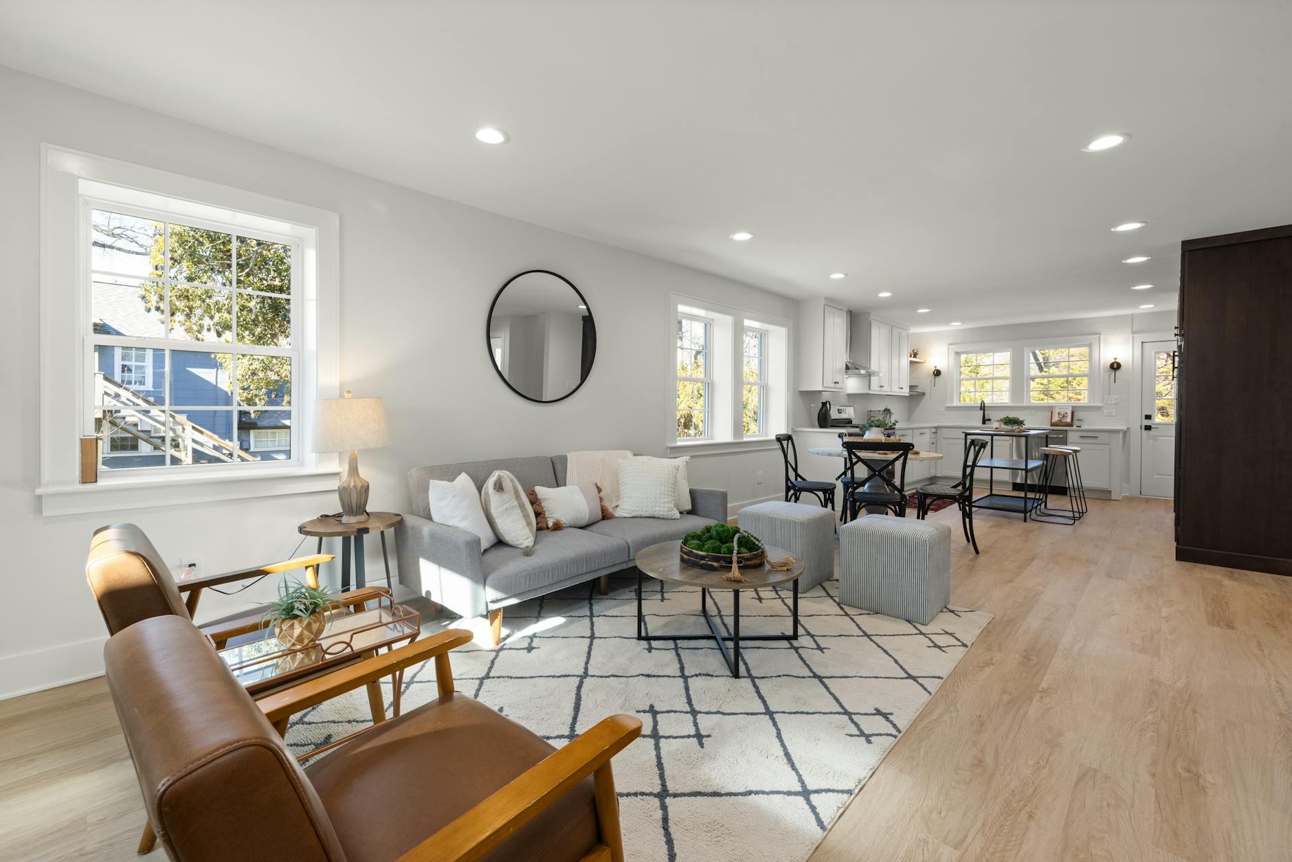 open concept living space zones with furniture