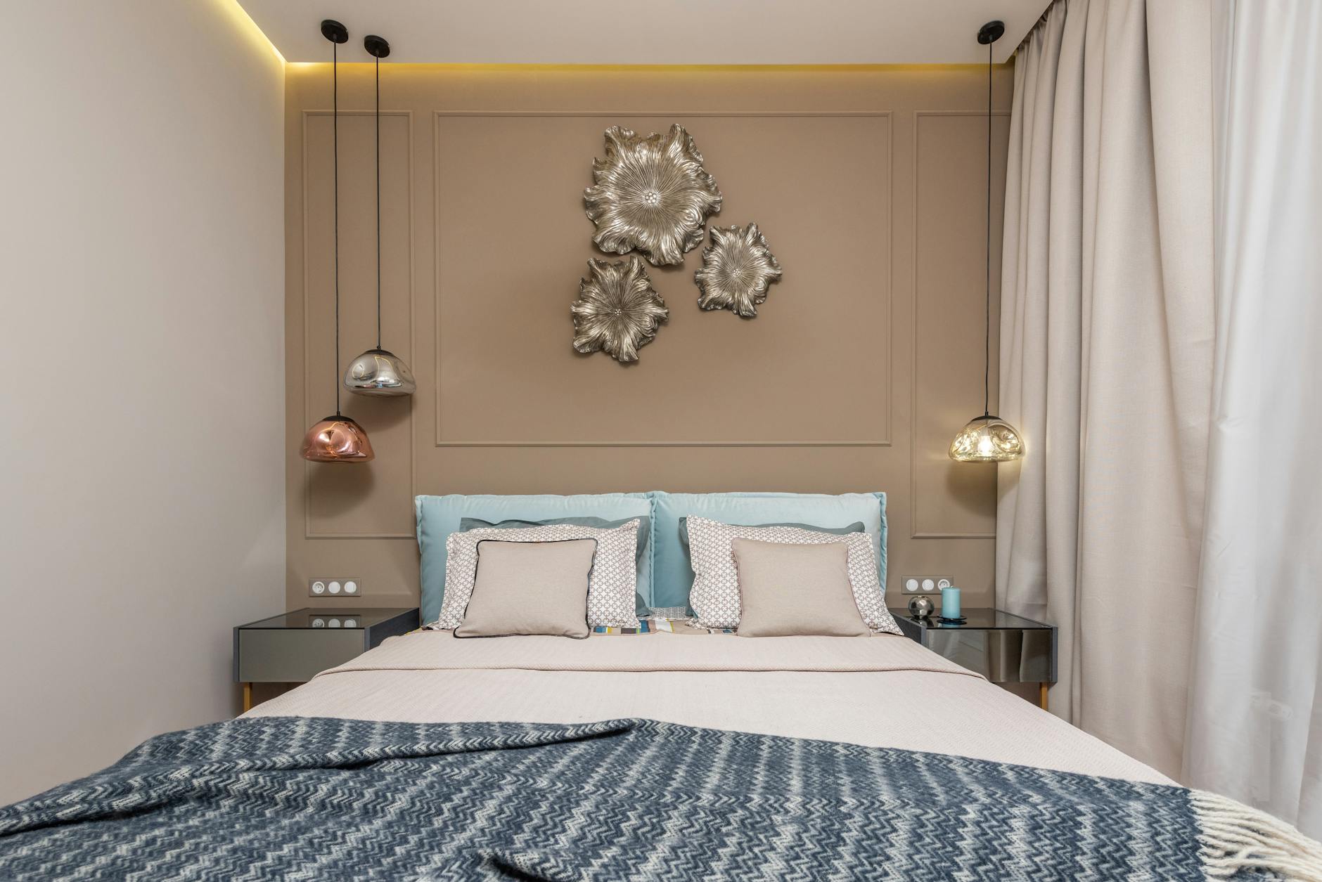 cozy bedroom with natural elements and soft lighting