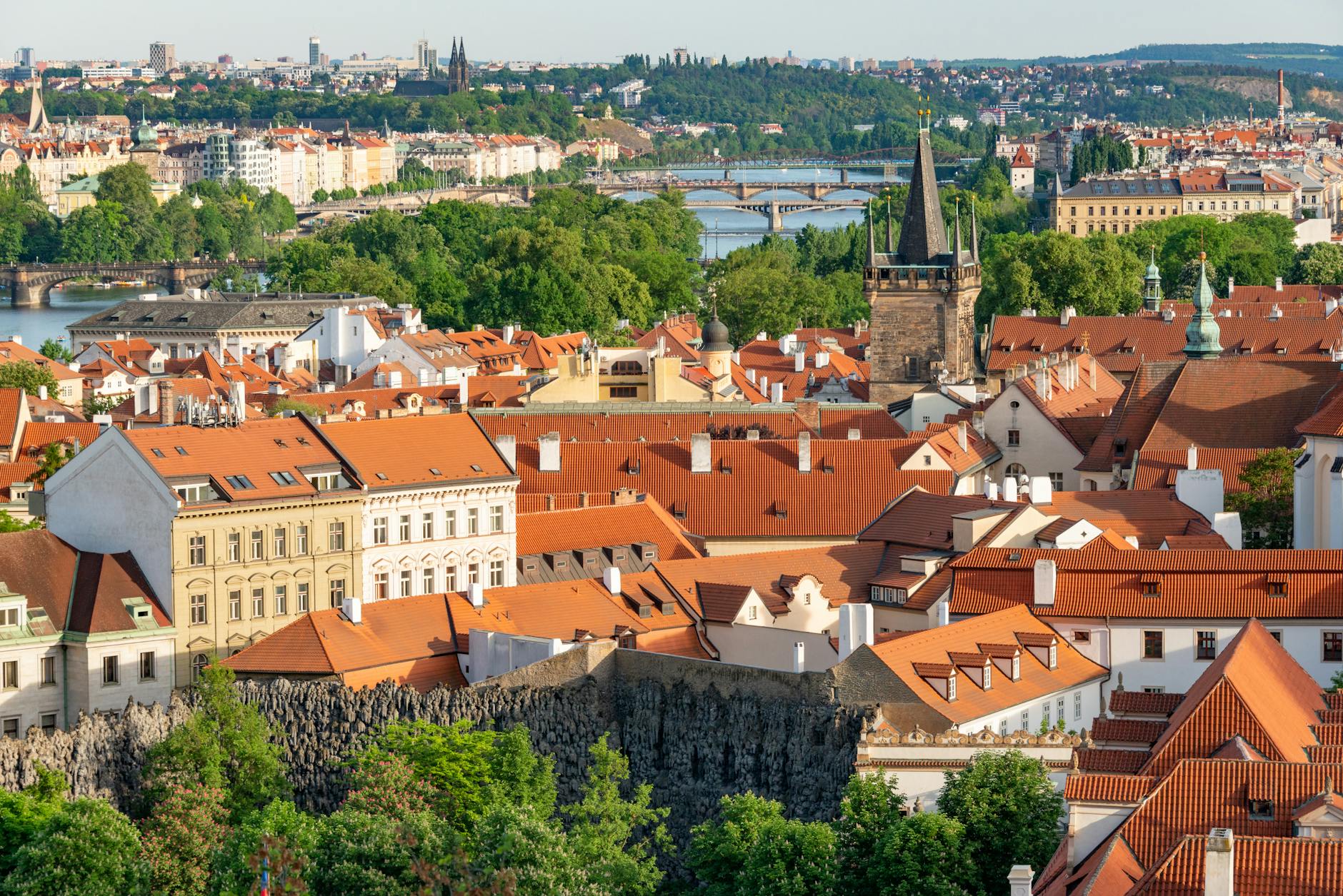 Prague parks and gardens with Vltava river view