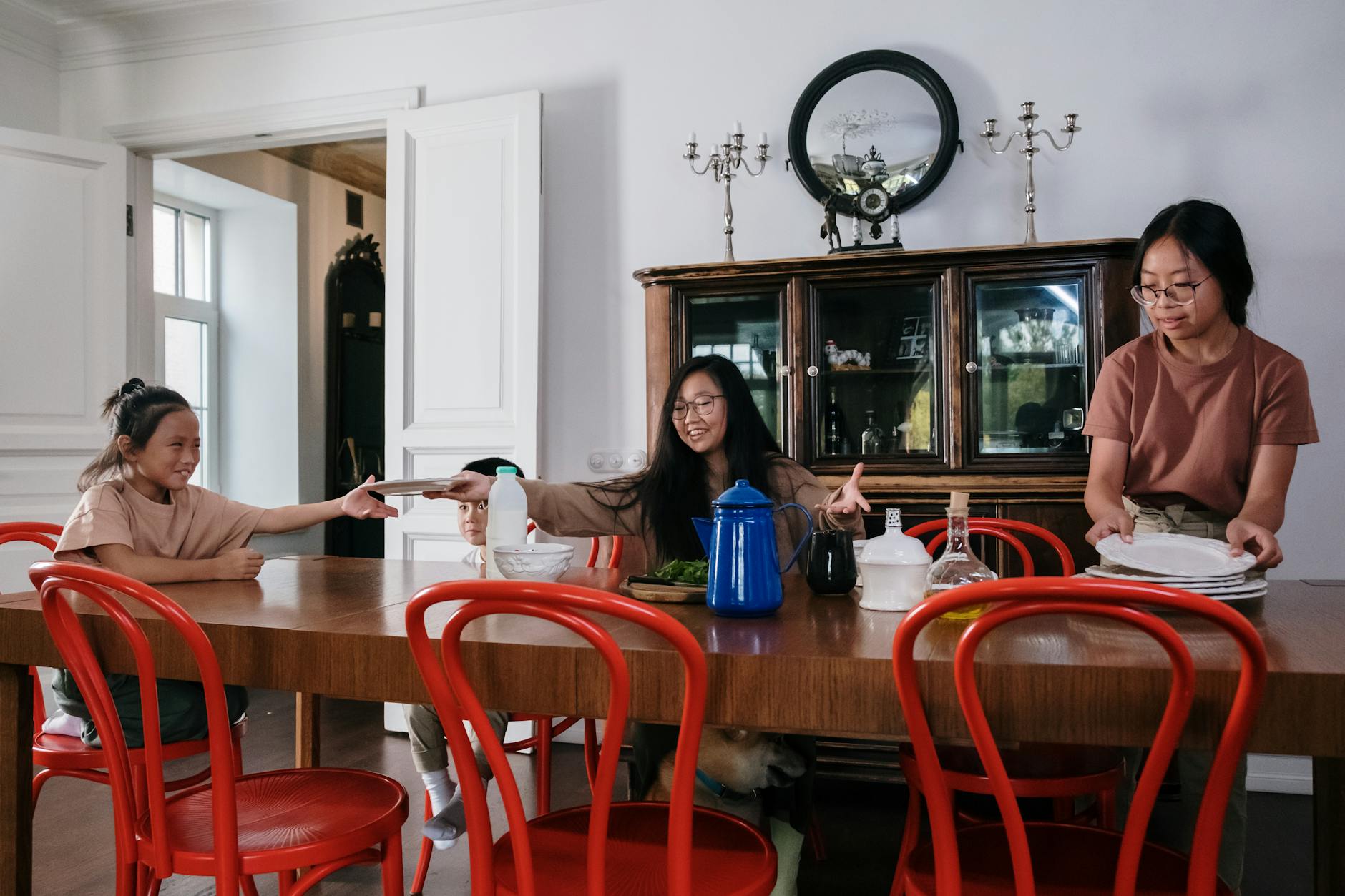 happy family cleaning together