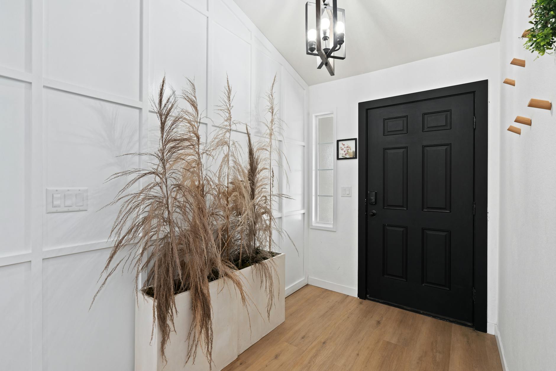 stylish entryway decor with plants and mirror