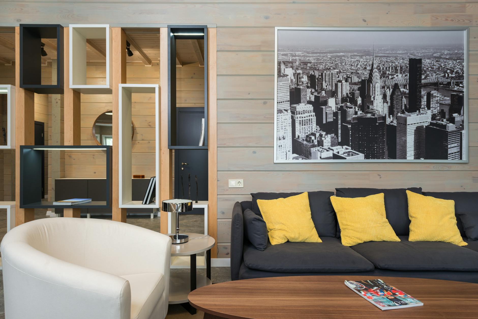 beautifully styled open shelves in a modern living room
