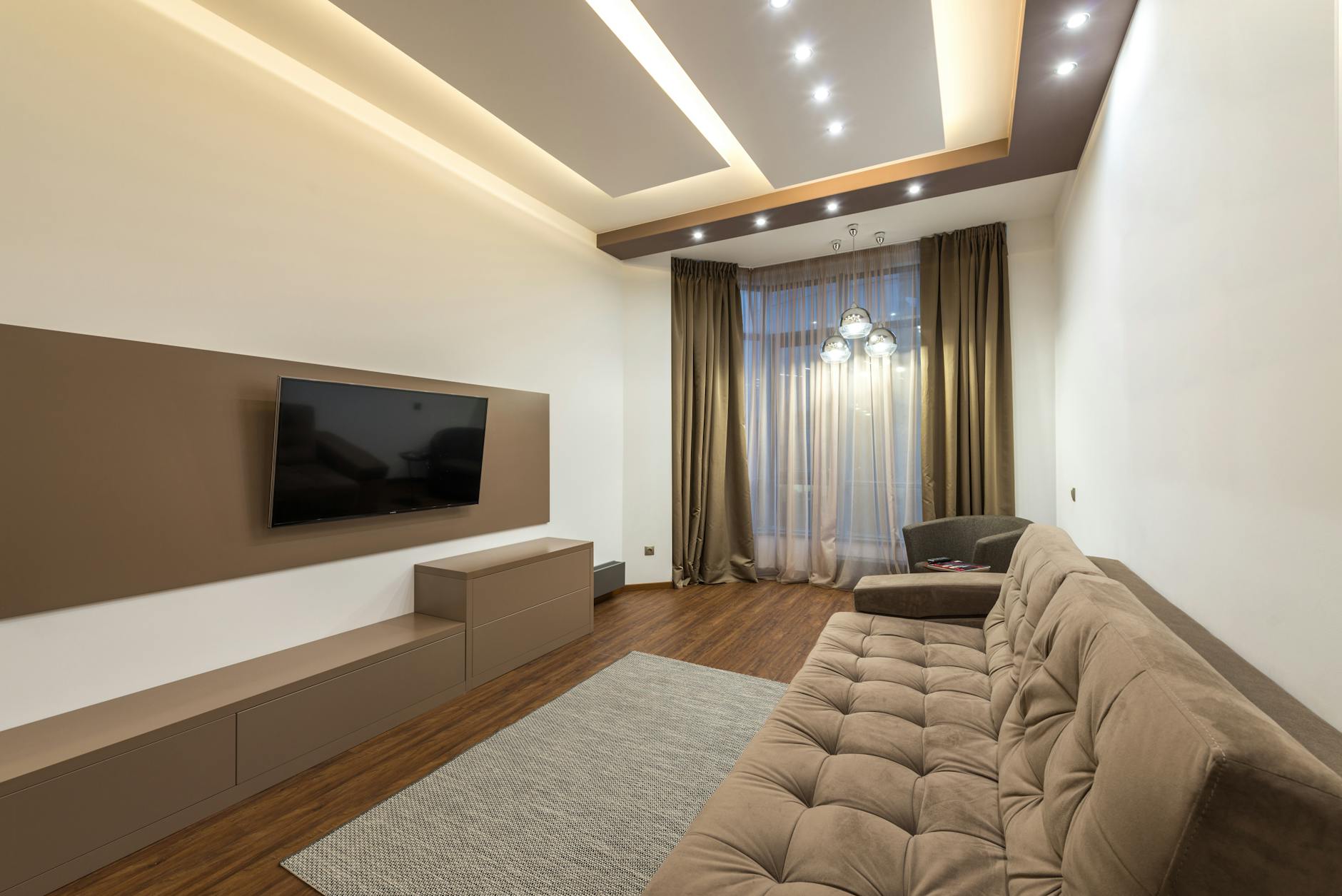 cozy living room with warm lighting and plush furniture