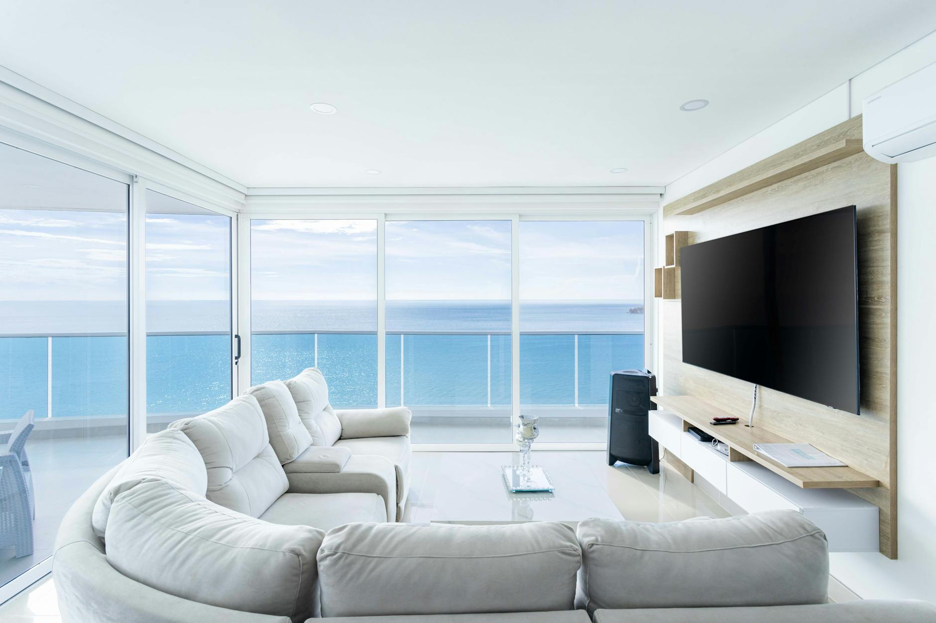 coastal living room design with sea colors