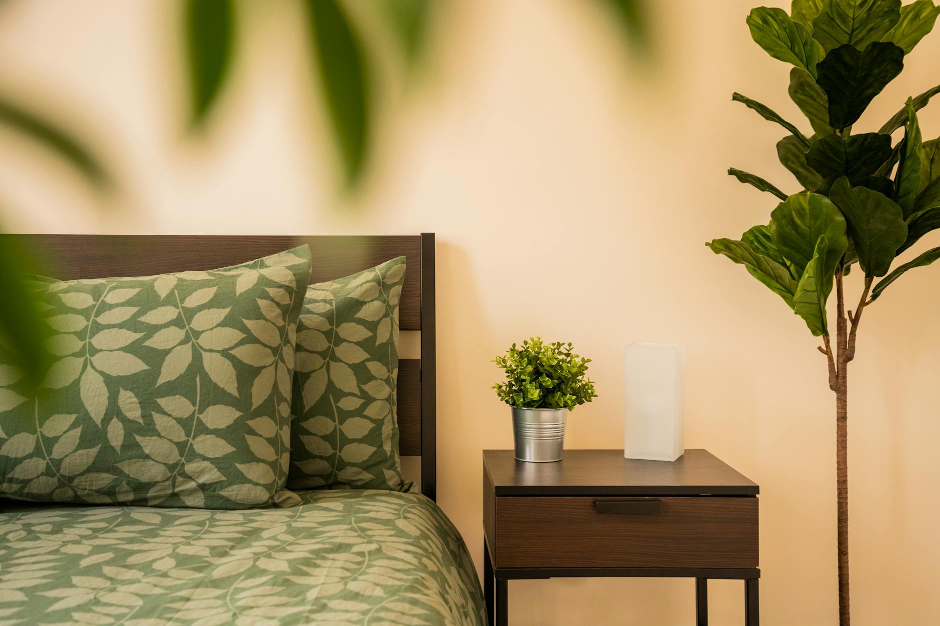 serene bedroom with natural decor