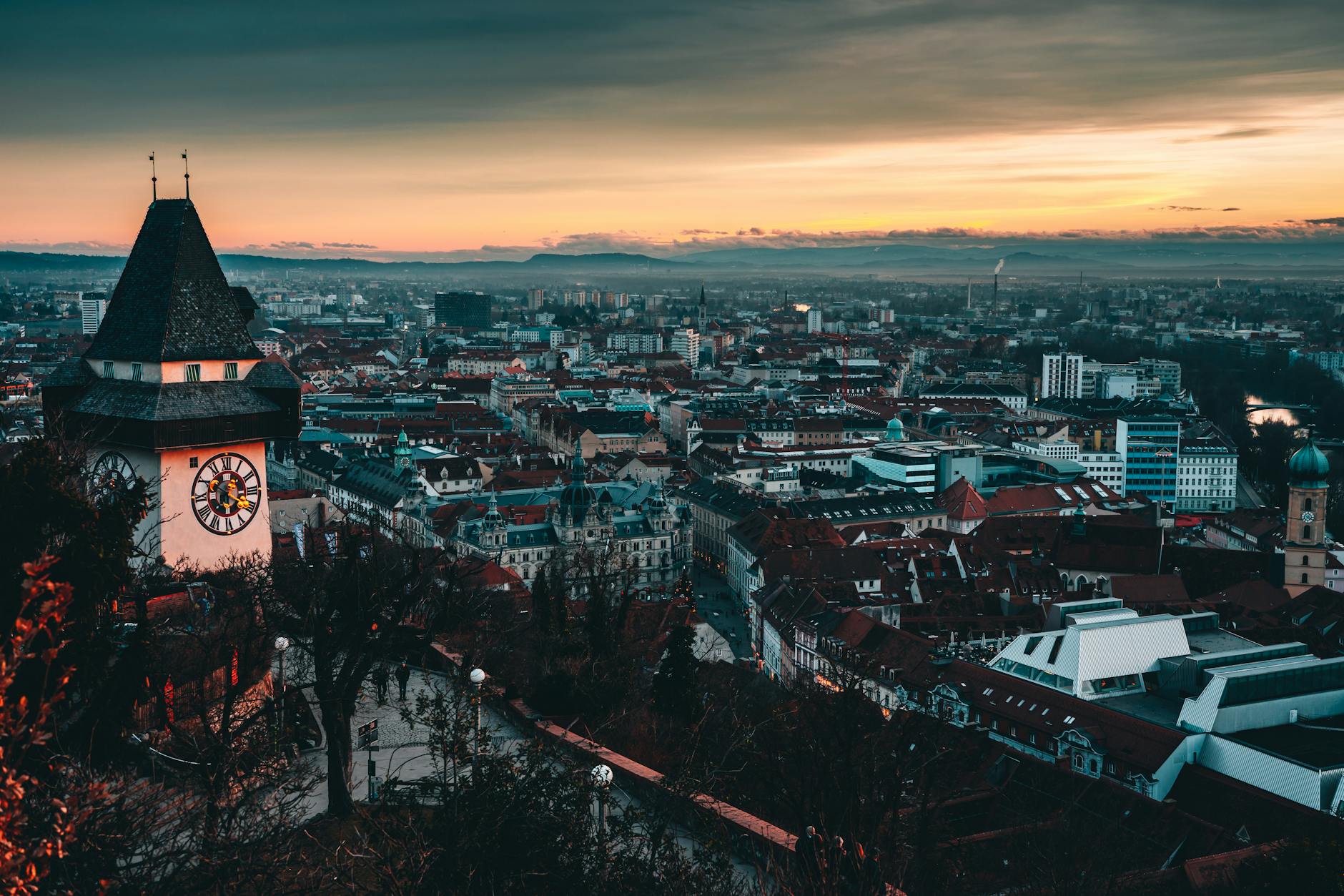 panoramic view historic tower sunset