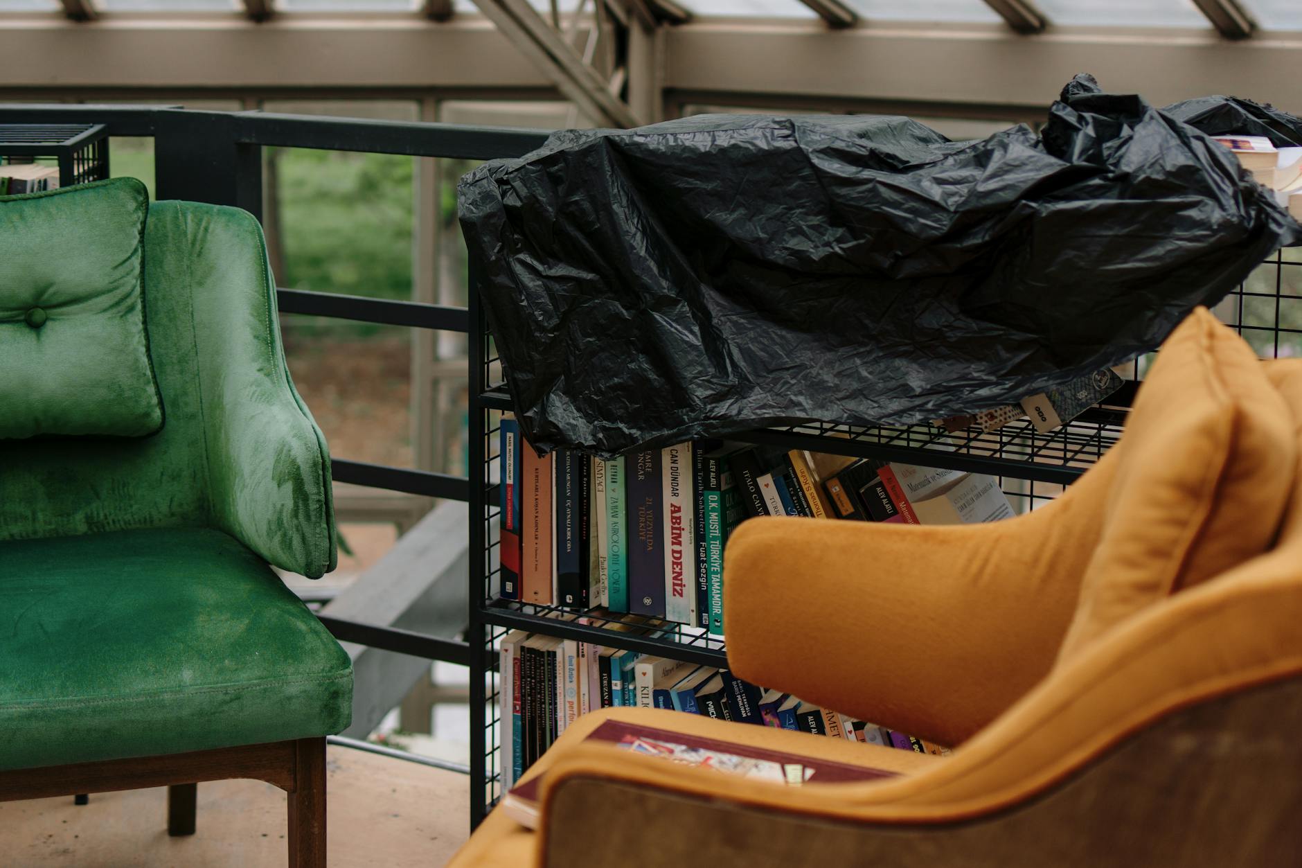 Cozy reading nook in a library with vintage furniture