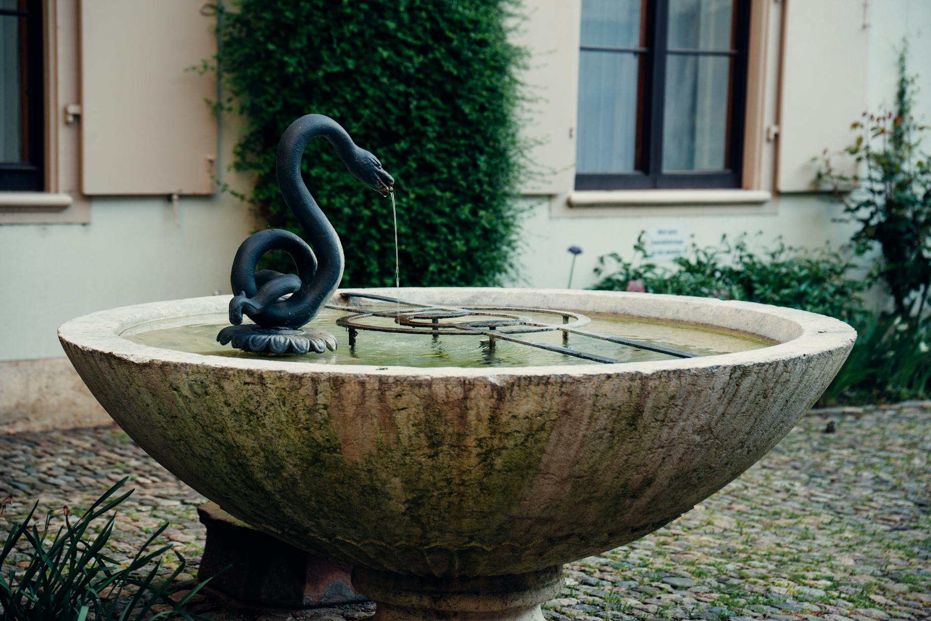 Lisbon secret courtyard with a fountain and lush greenery