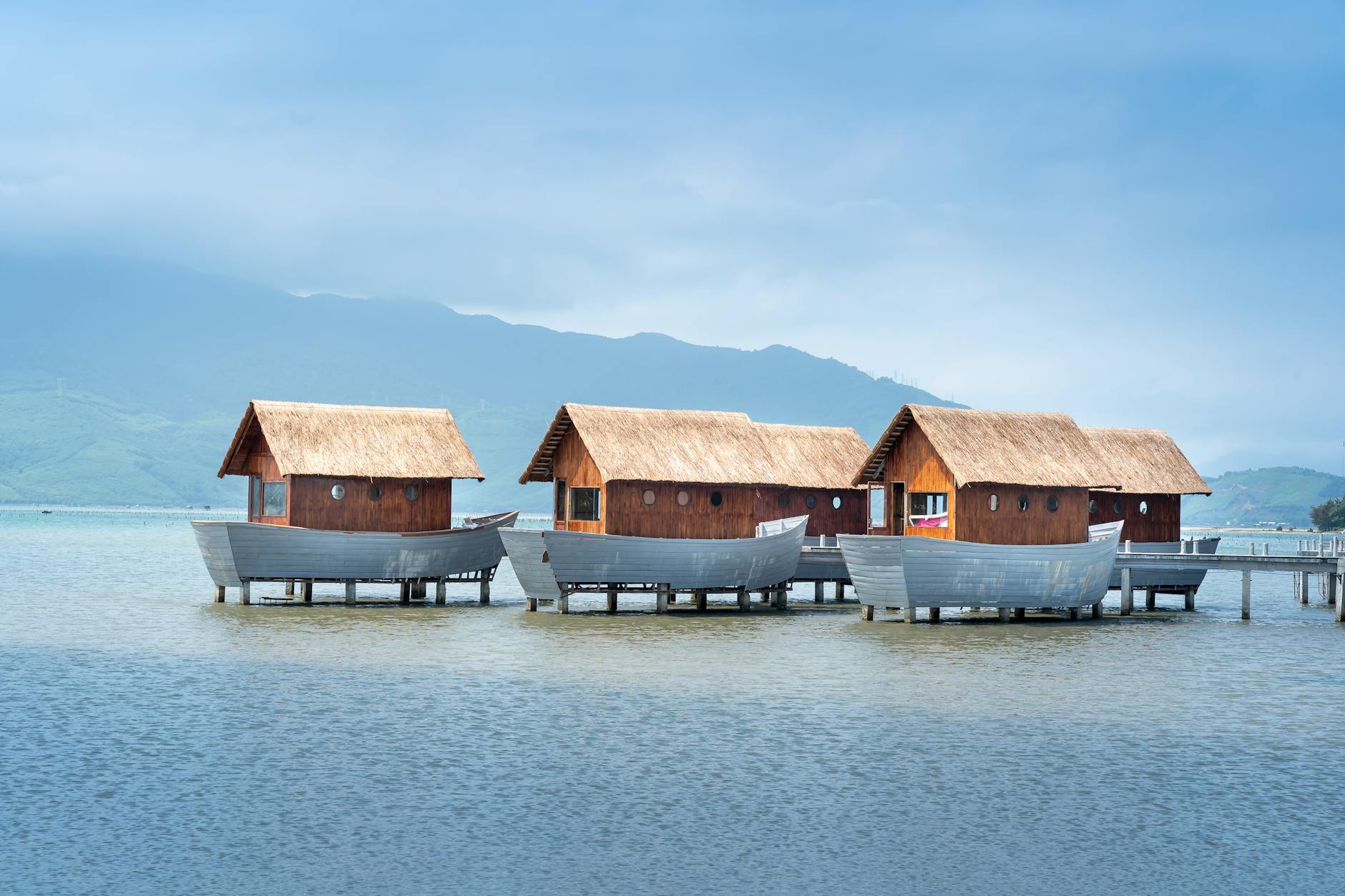 scenic view of a floating house on water