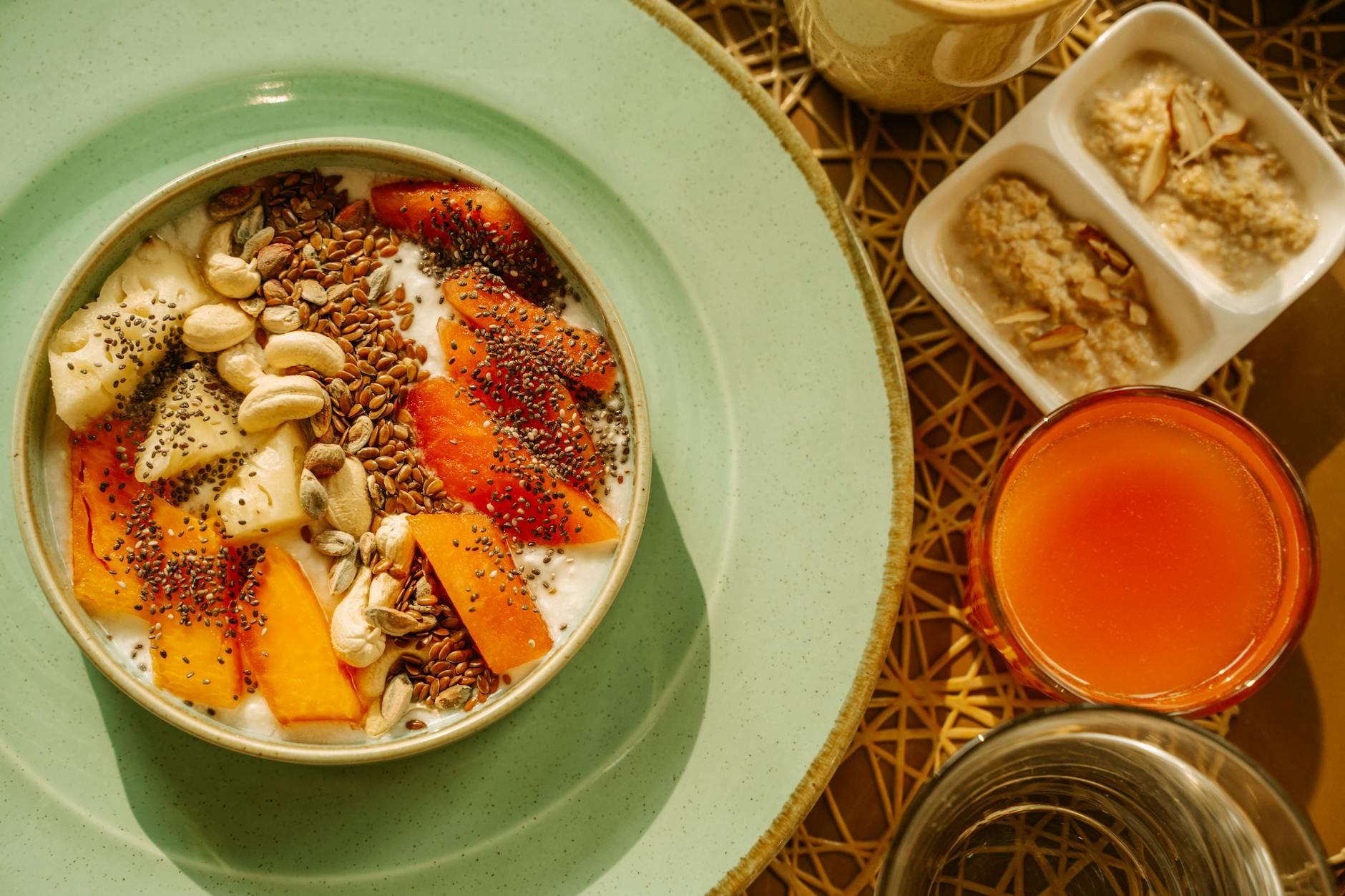healthy breakfast setup with fruits and oatmeal