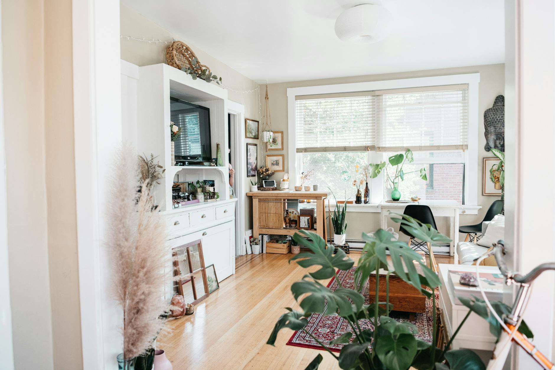 boho chic living room with plants and textiles
