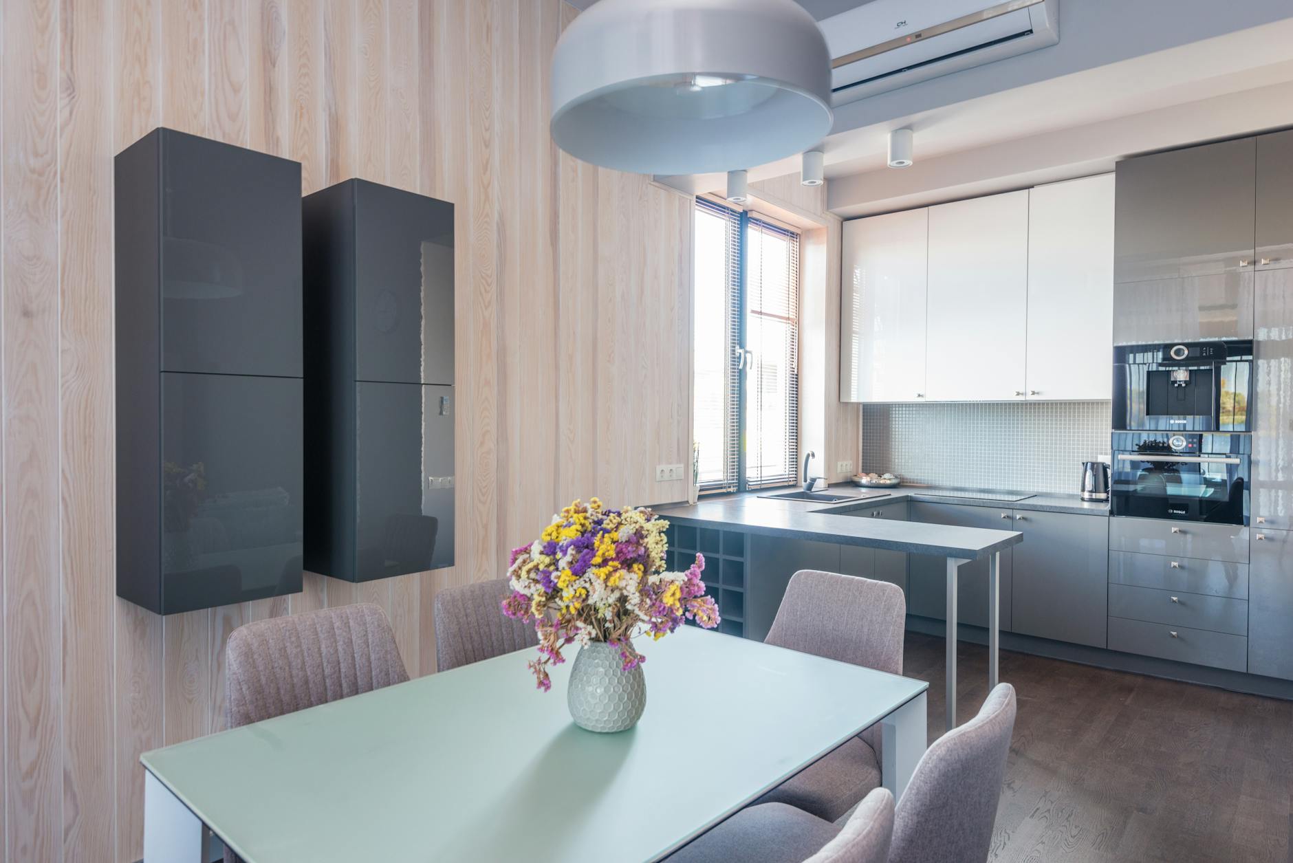 a dining area with vibrant, colorful decor