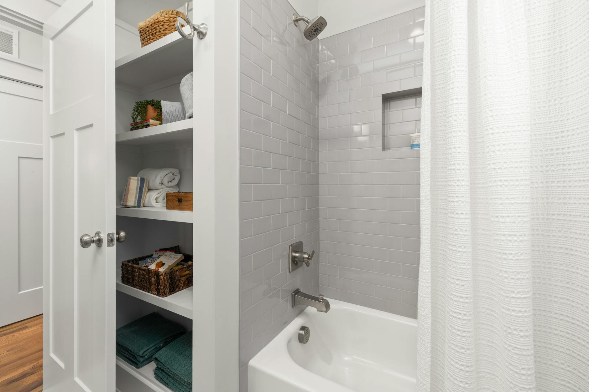 organized bathroom with storage solutions