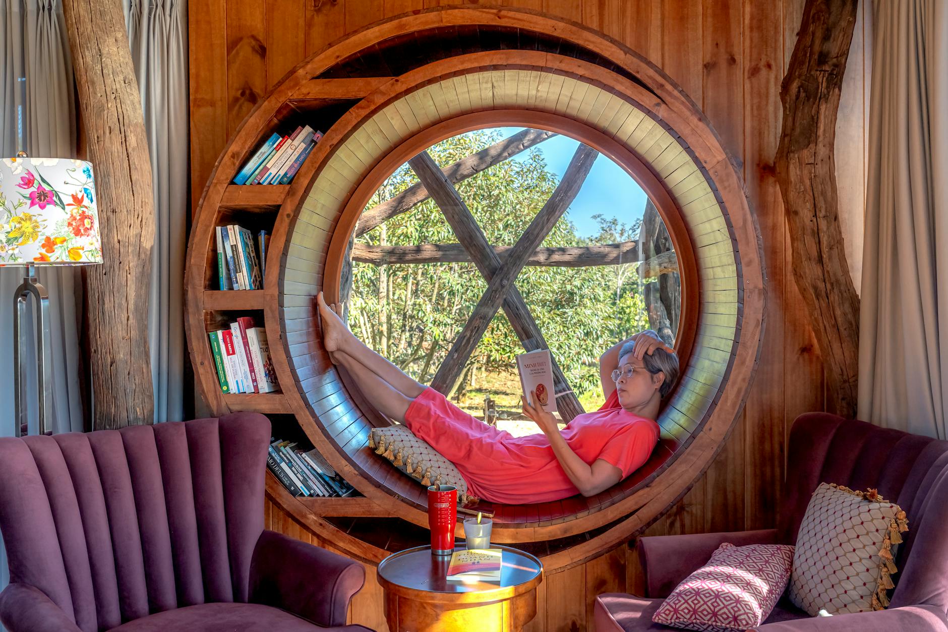 a cozy treehouse interior with wooden decor