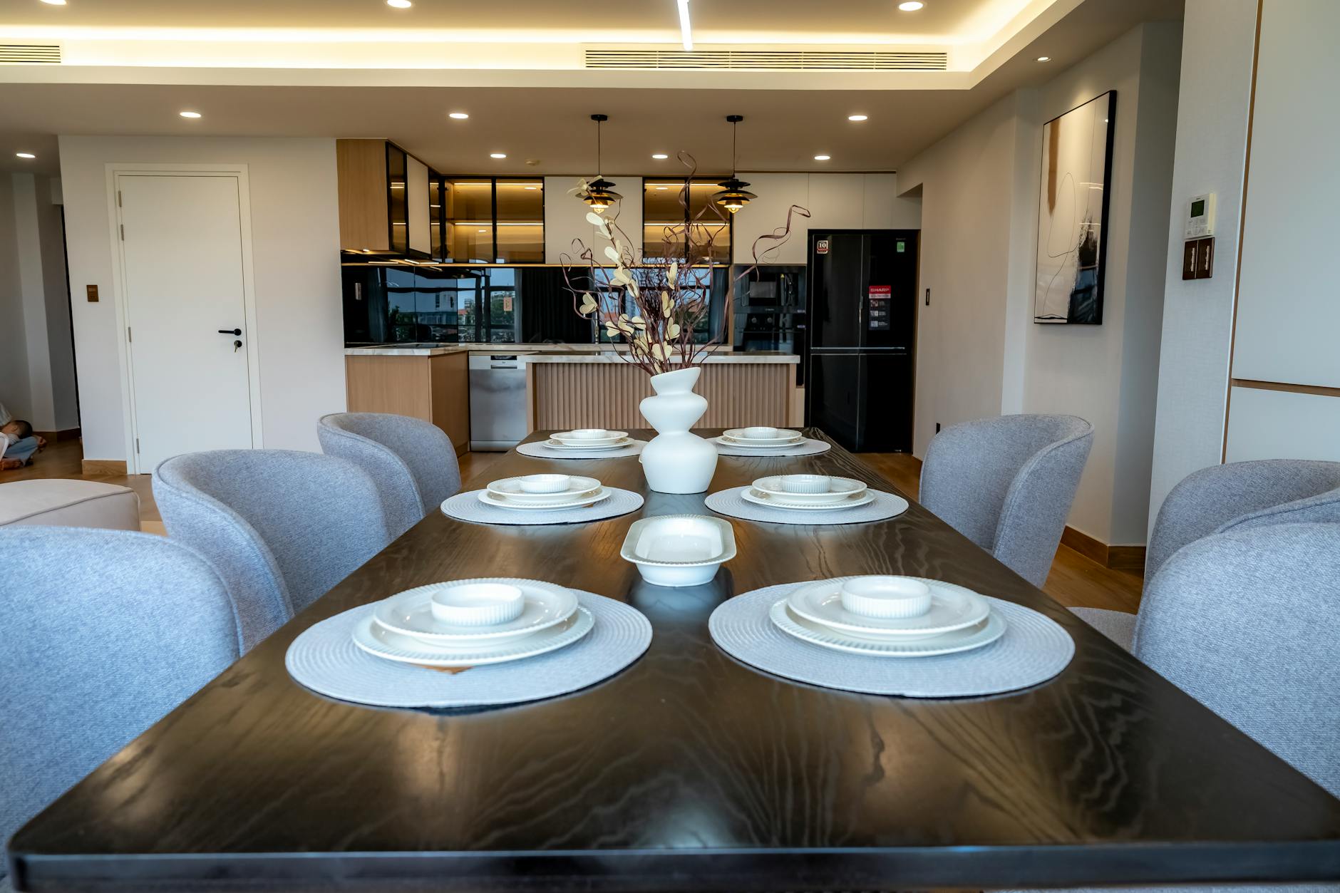 elegant dining room design with wooden table and soft lighting