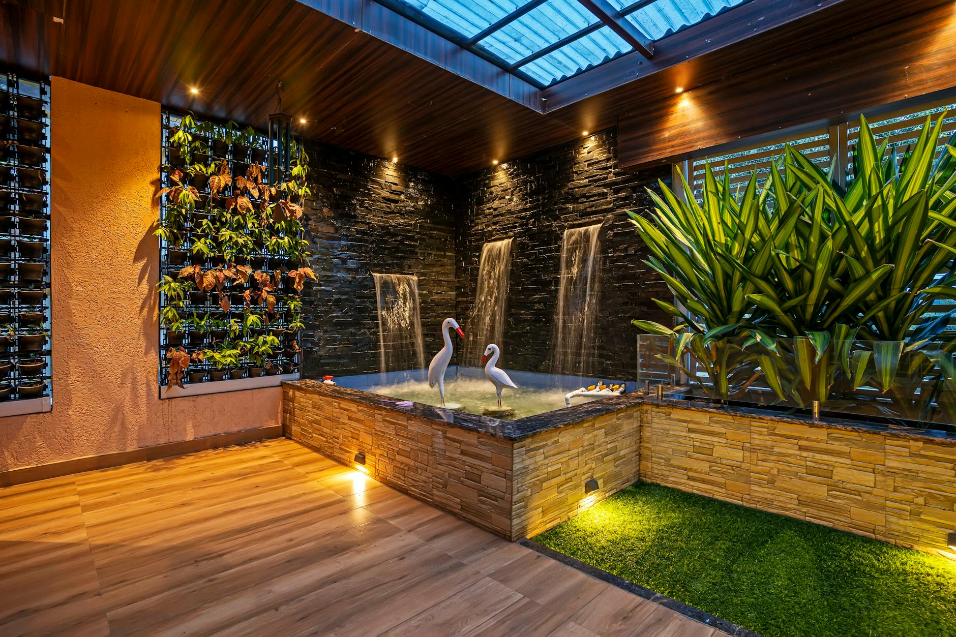 magical garden with a waterfall and colorful plants