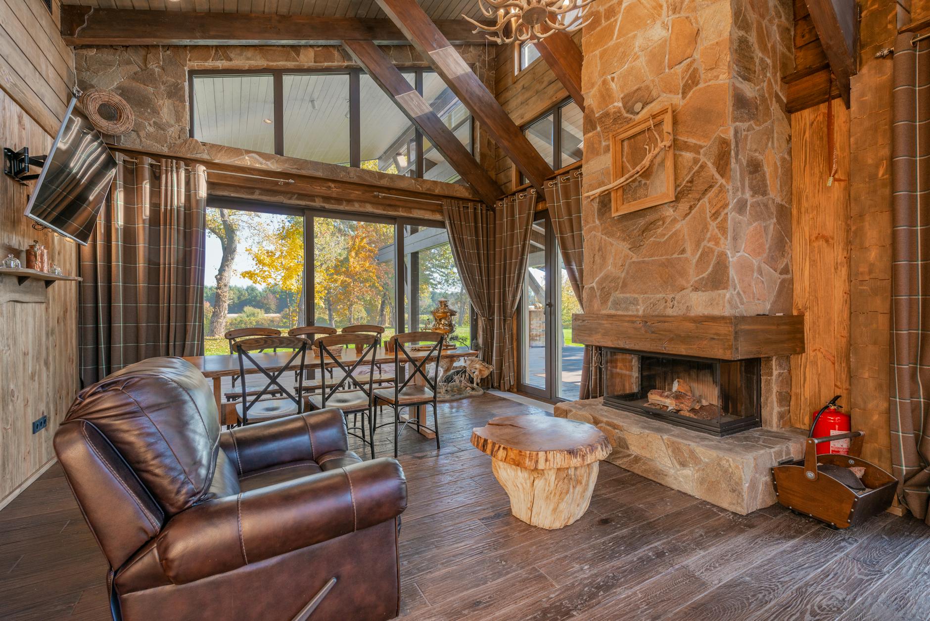 living room with natural materials like wood and stone