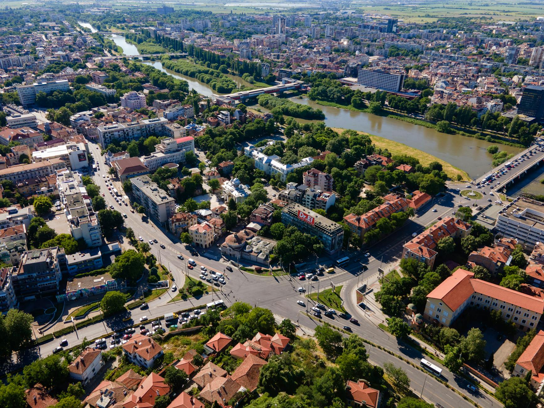 city aerial view with river