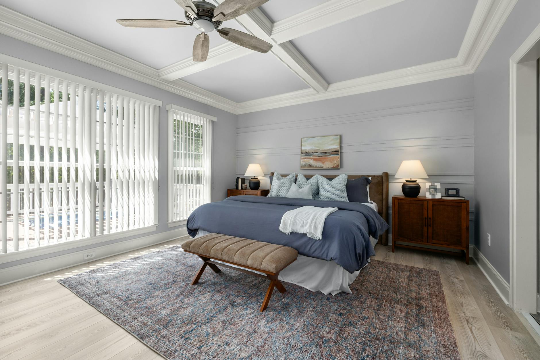 relaxing bedroom with cozy elements and soft bedding