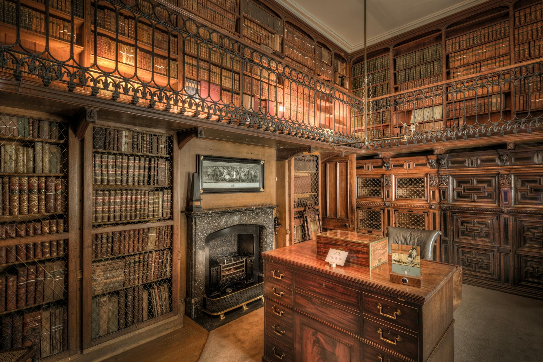 library in historic house with vintage books