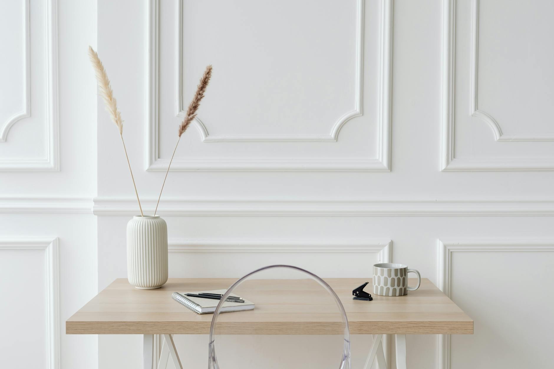 Japandi style home office with minimal decor and natural elements